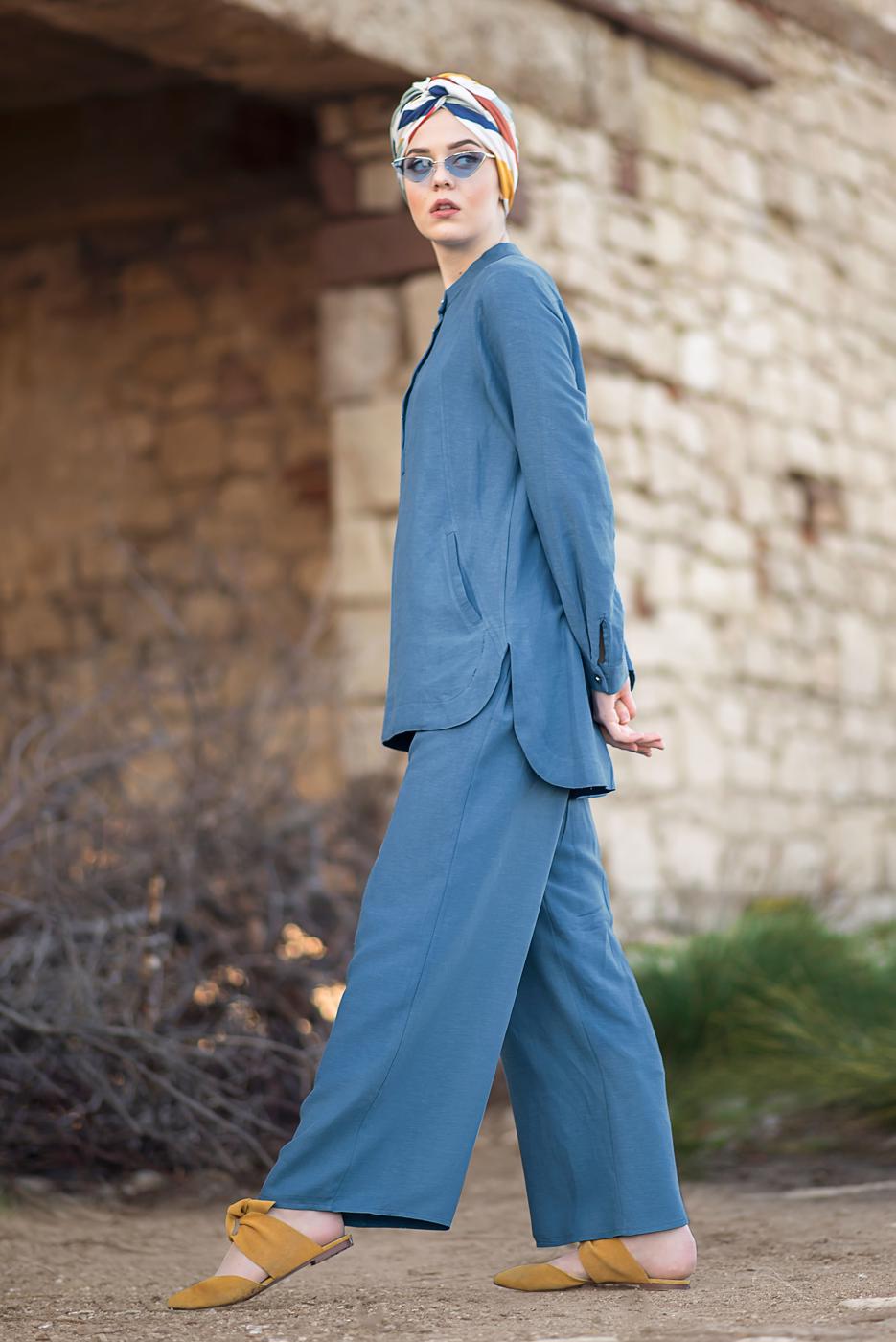 Tesettür giyim LACİVERT HAKİM YAKA PAMUKLU PANTOLONLU TAKIM T 2526