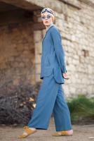Tesettür giyim LACİVERT HAKİM YAKA PAMUKLU PANTOLONLU TAKIM T 2526