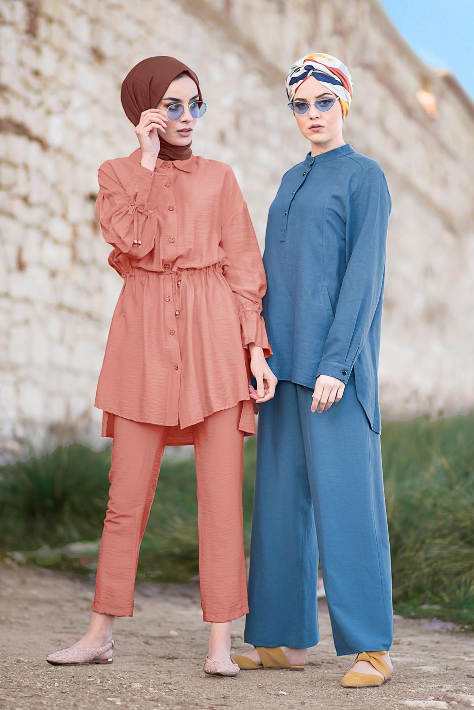 Tesettür giyim LACİVERT HAKİM YAKA PAMUKLU PANTOLONLU TAKIM T 2526