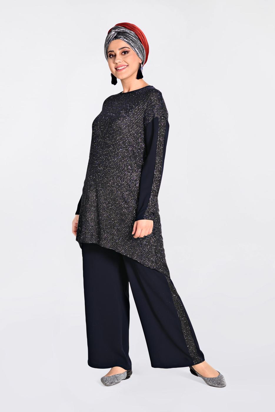 Vêtements hijab BLEU MARINE T 2828 Alvina Multi Color Kareli 2&prime;li Pant. Takım