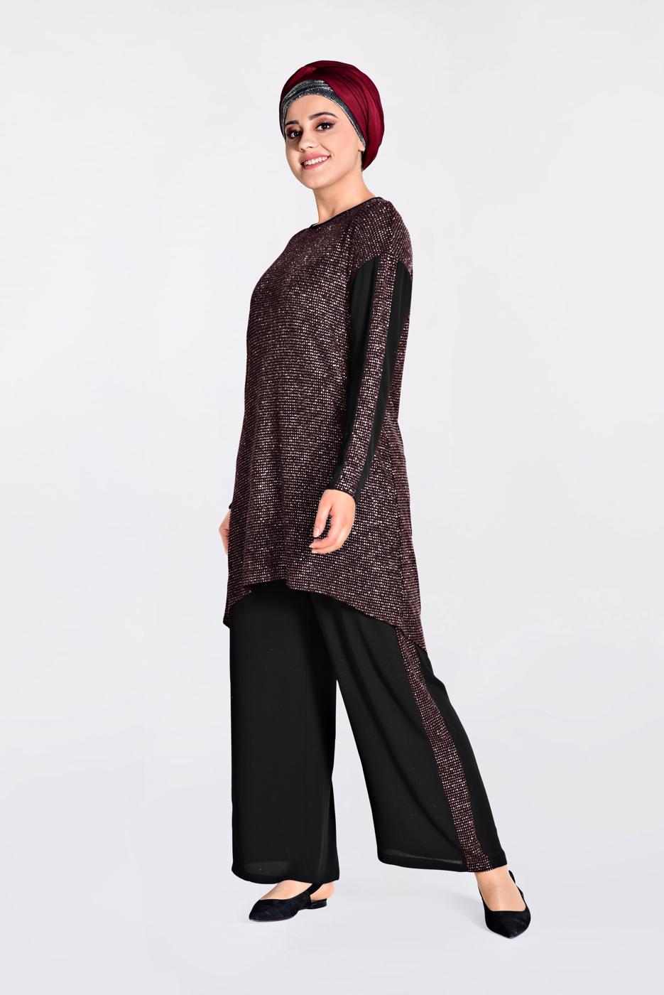 Vêtements hijab NOIR T 2828 Alvina Multi Color Kareli 2&prime;li Pant. Takım