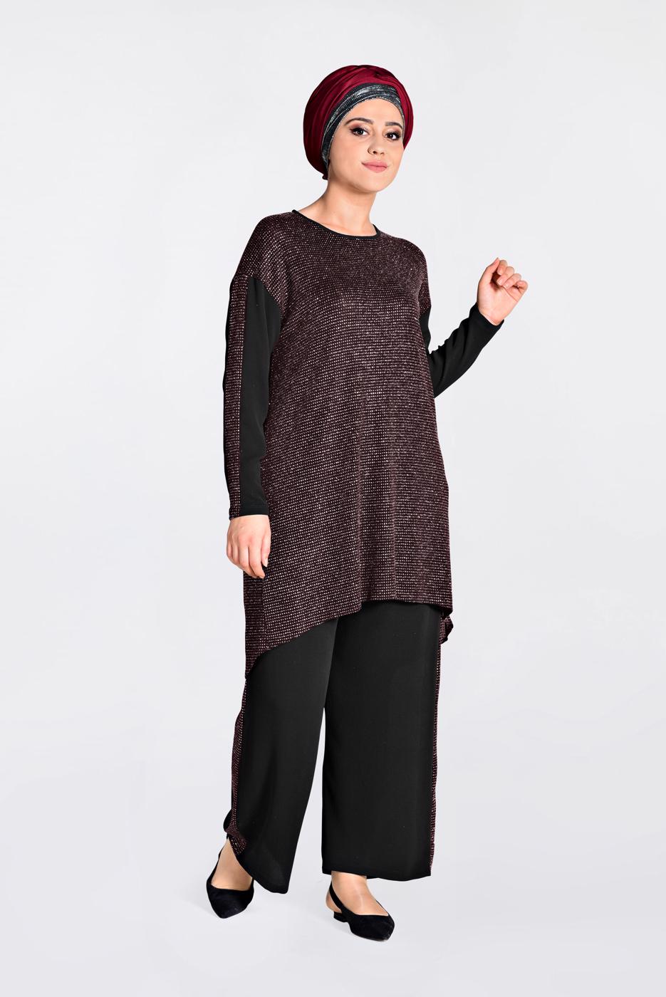 Vêtements hijab NOIR T 2828 Alvina Multi Color Kareli 2&prime;li Pant. Takım