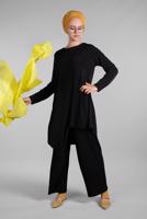 Tesettür giyim SİYAH ASİMETRİK KESİM FİTİLLİ 2&prime;Lİ PANTOLONLU TAKIM 3256