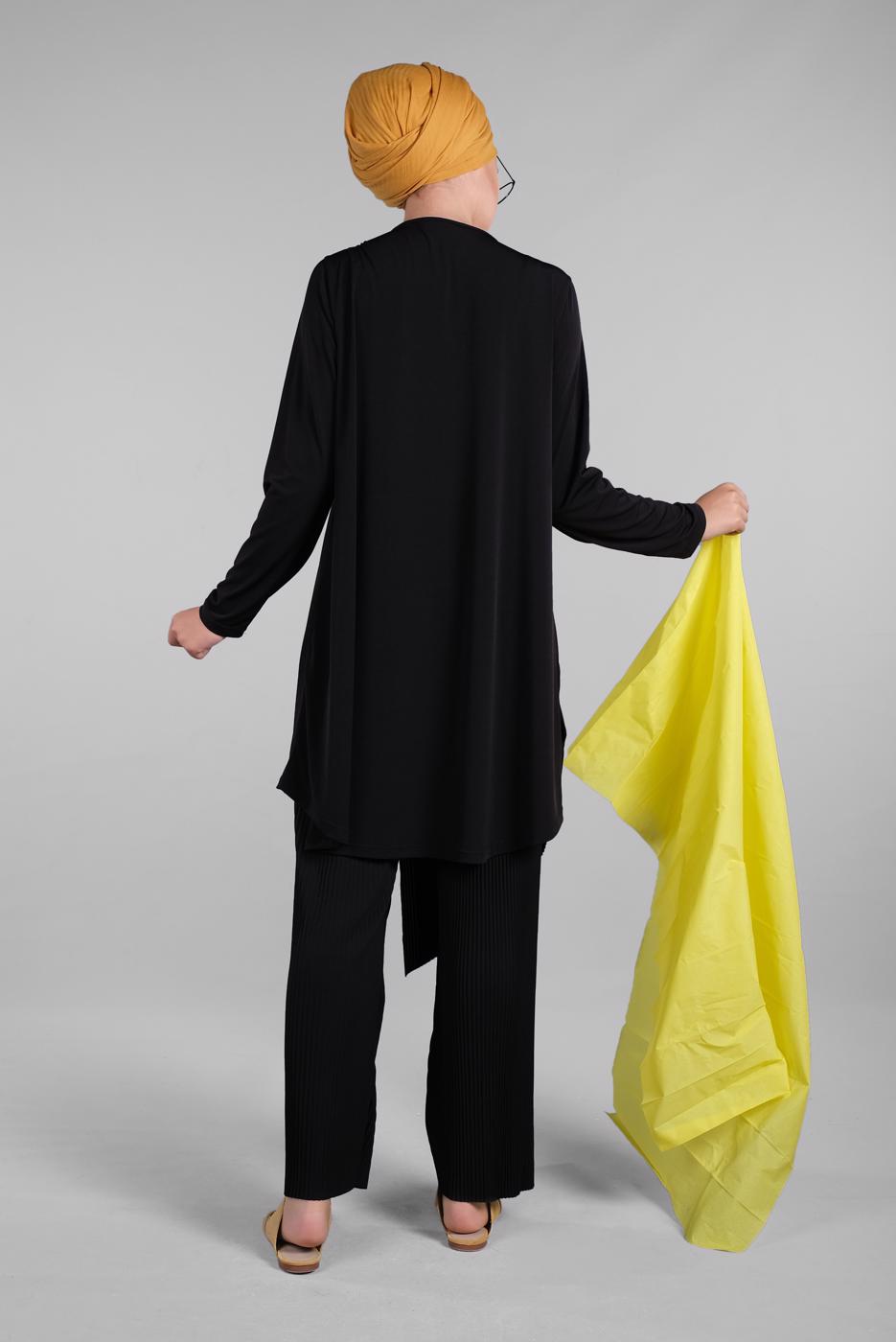 Tesettür giyim SİYAH ASİMETRİK KESİM FİTİLLİ 2&prime;Lİ PANTOLONLU TAKIM 3256