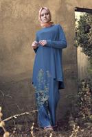 Tesettür giyim MAVİ ASİMETRİK KESİM FİTİLLİ 2&prime;Lİ PANTOLONLU TAKIM 3256