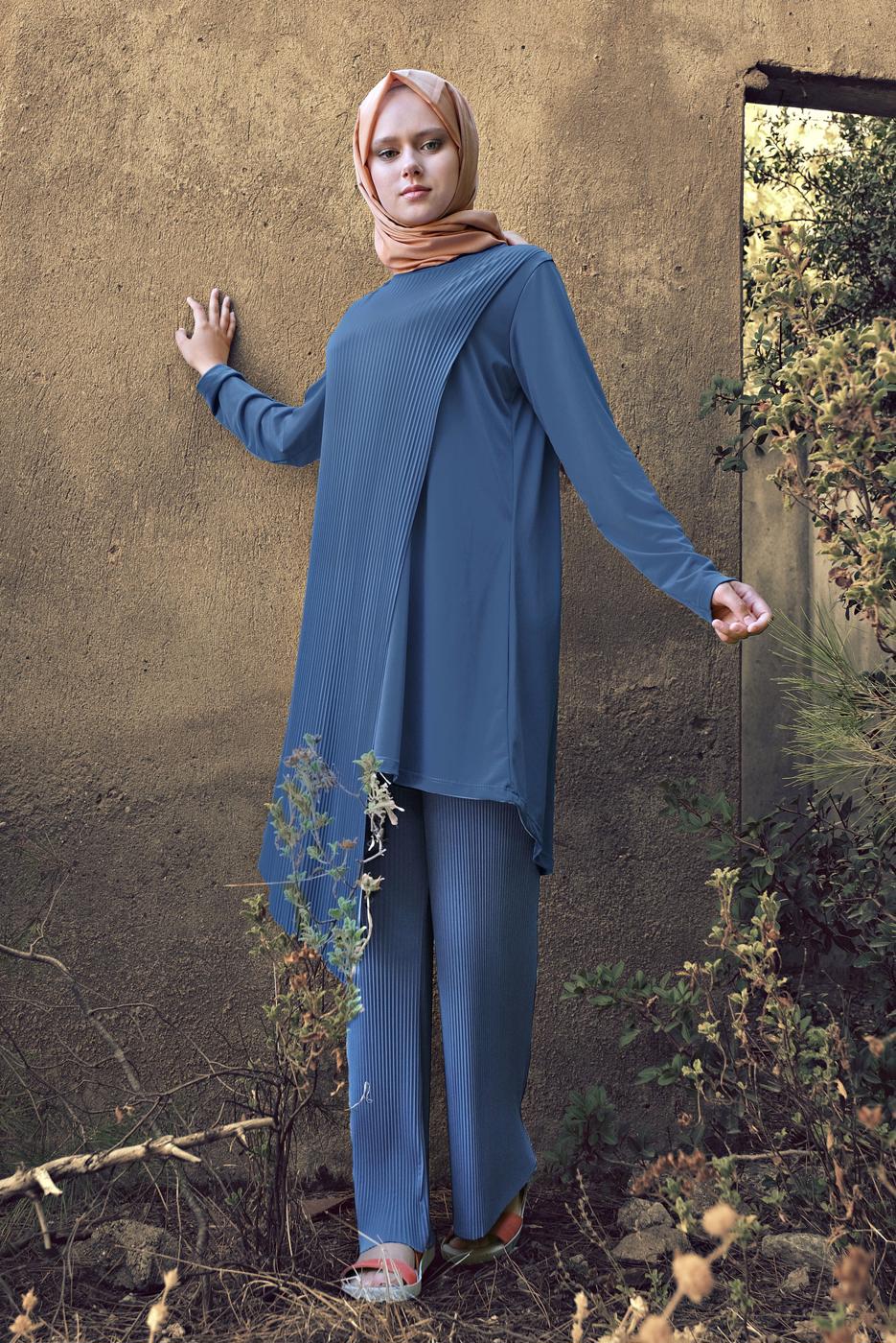 Tesettür giyim MAVİ ASİMETRİK KESİM FİTİLLİ 2&prime;Lİ PANTOLONLU TAKIM 3256