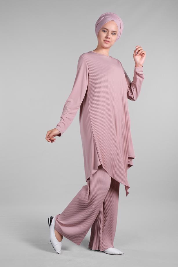 Vêtements hijab  Asymmetric Cut Ribbed Binary Pants SuitT 3256  - TRENDTESETTÜR