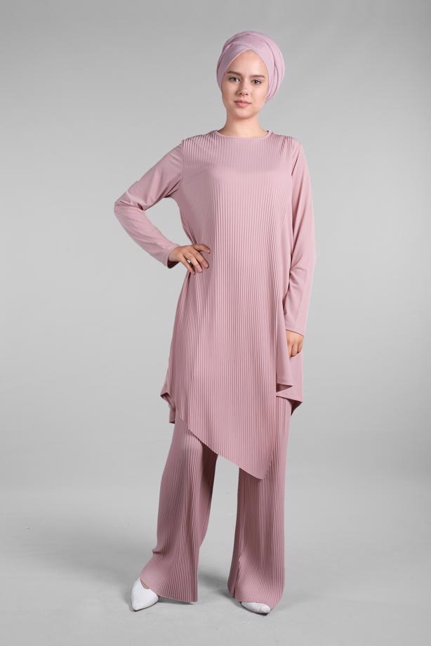 Vêtements hijab  Asymmetric Cut Ribbed Binary Pants SuitT 3256  - TRENDTESETTÜR