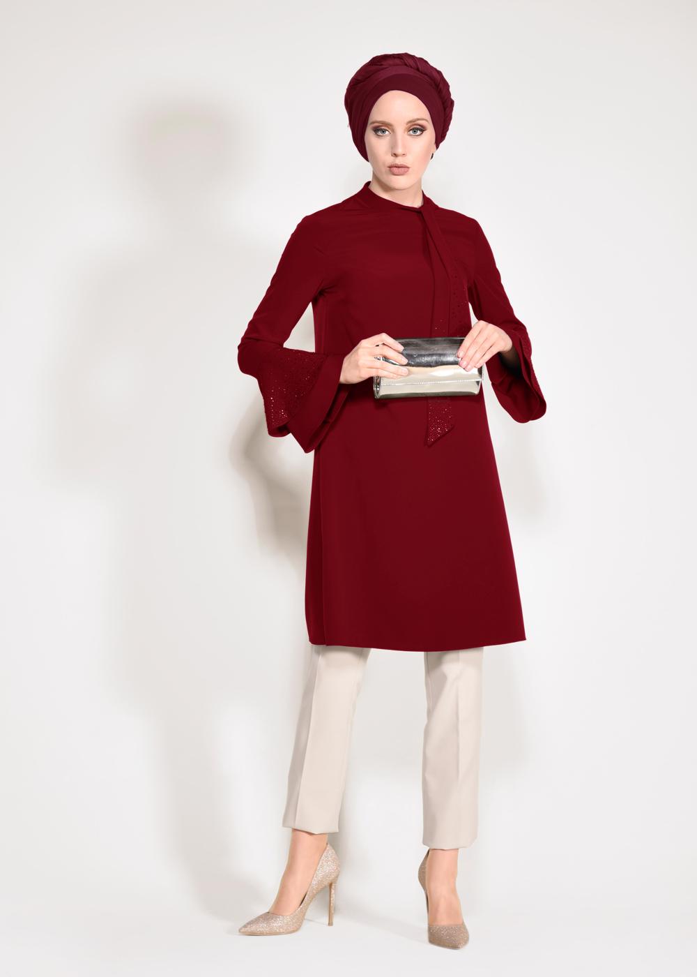 Tesettür giyim BORDO KOLLARI VOLANLI 2′Lİ PANTOLONLU TAKIM 3410