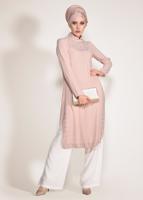 Tesettür giyim PUDRA HAKİM YAKA YANLARI YIRTMAÇLI 2′Lİ PANTOLONLU TAKIM 3432