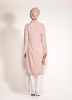 Tesettür giyim PUDRA HAKİM YAKA YANLARI YIRTMAÇLI 2′Lİ PANTOLONLU TAKIM 3432