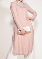Tesettür giyim PUDRA HAKİM YAKA YANLARI YIRTMAÇLI 2′Lİ PANTOLONLU TAKIM 3432