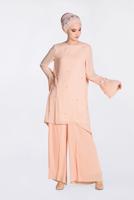 Tesettür giyim PUDRA BONCUK VE PİLİSELİ 2′Lİ PANTOLONLU TAKIM 3437