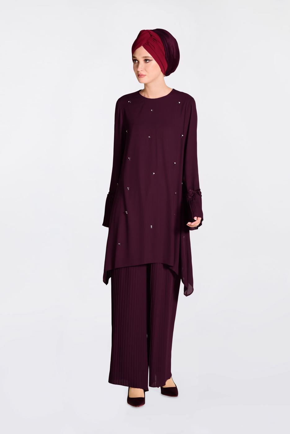 Tesettür giyim MOR BONCUK VE PİLİSELİ 2′Lİ PANTOLONLU TAKIM 3437