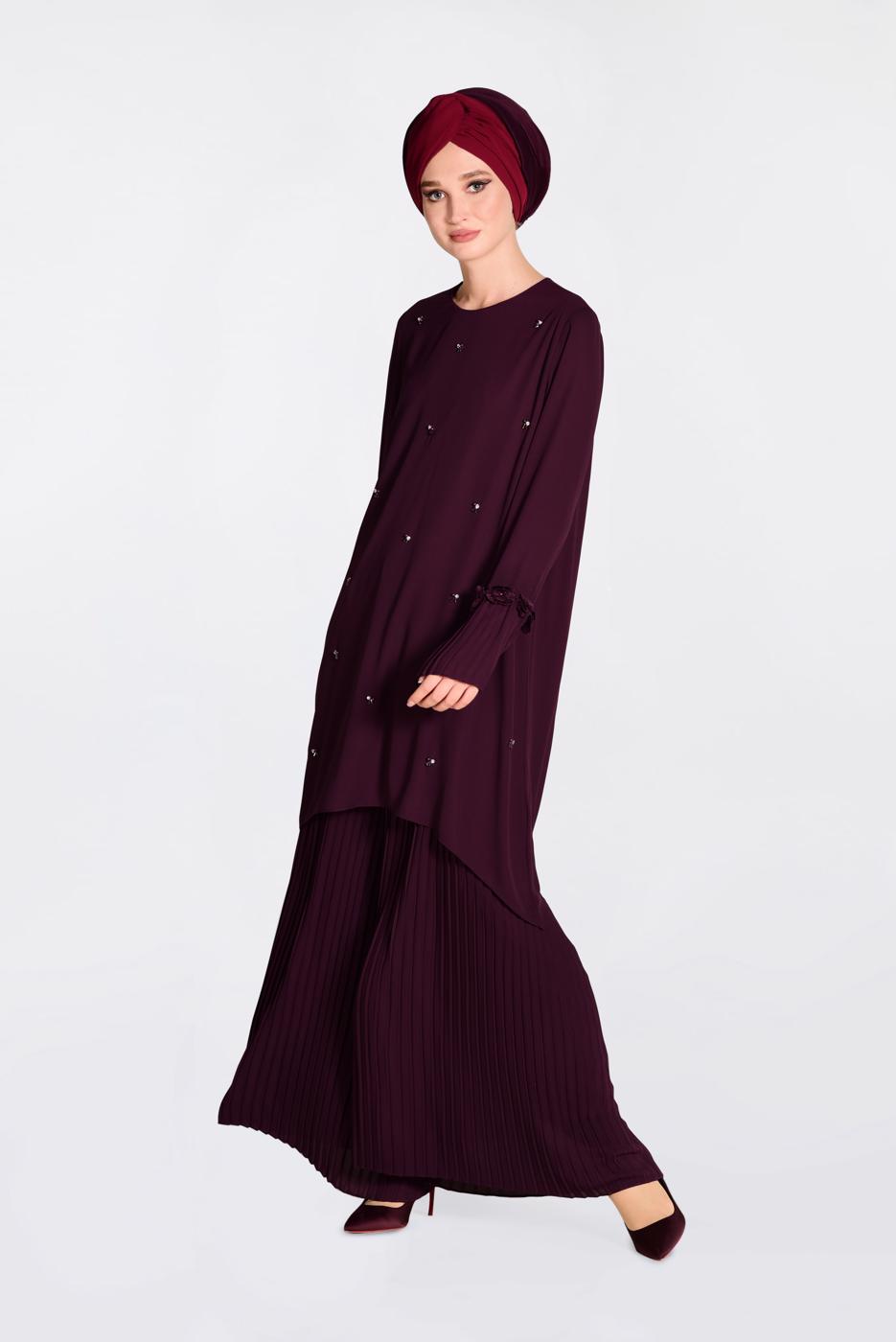 Tesettür giyim MOR BONCUK VE PİLİSELİ 2′Lİ PANTOLONLU TAKIM 3437