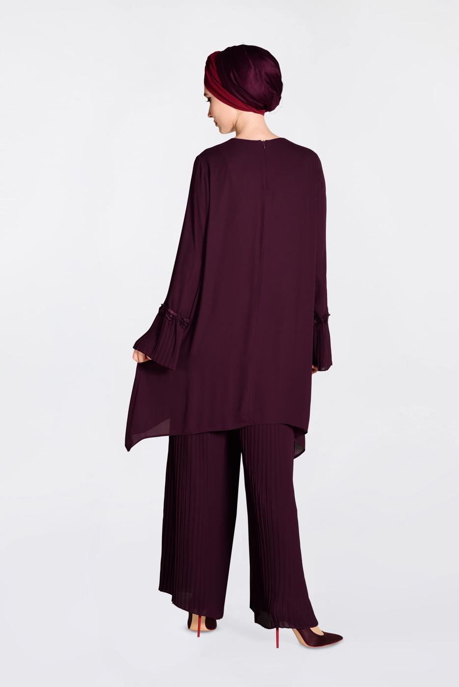 Tesettür giyim MOR BONCUK VE PİLİSELİ 2′Lİ PANTOLONLU TAKIM 3437