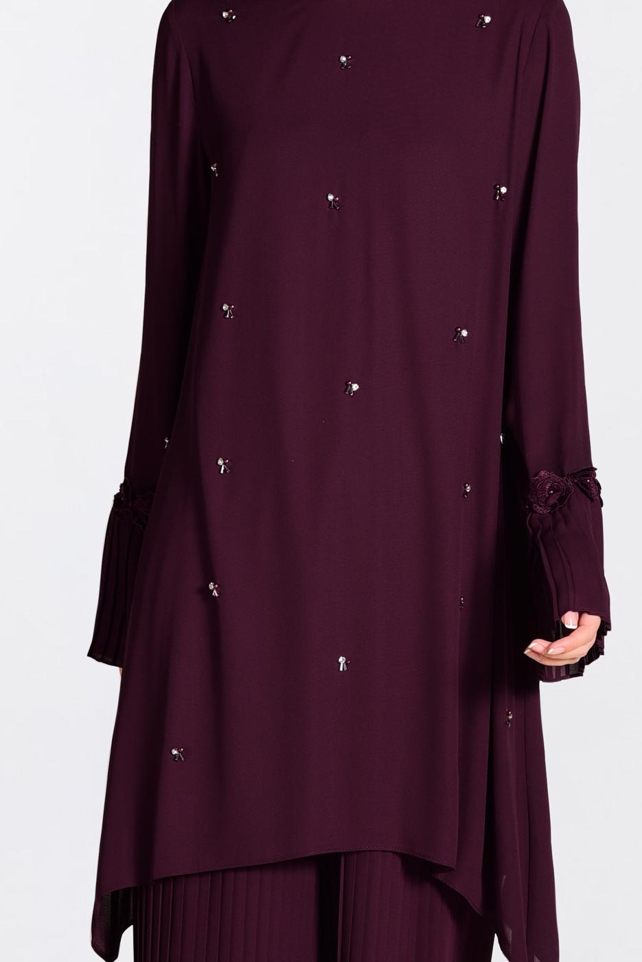 Tesettür giyim MOR BONCUK VE PİLİSELİ 2′Lİ PANTOLONLU TAKIM 3437