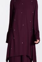 Tesettür giyim MOR BONCUK VE PİLİSELİ 2′Lİ PANTOLONLU TAKIM 3437