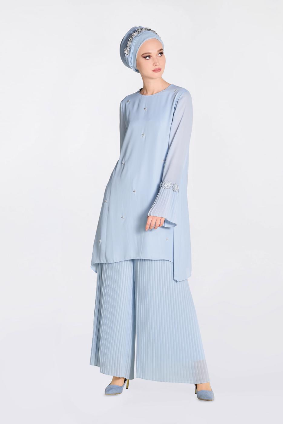 Tesettür giyim MAVİ BONCUK VE PİLİSELİ 2′Lİ PANTOLONLU TAKIM 3437