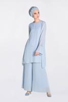Tesettür giyim MAVİ BONCUK VE PİLİSELİ 2′Lİ PANTOLONLU TAKIM 3437