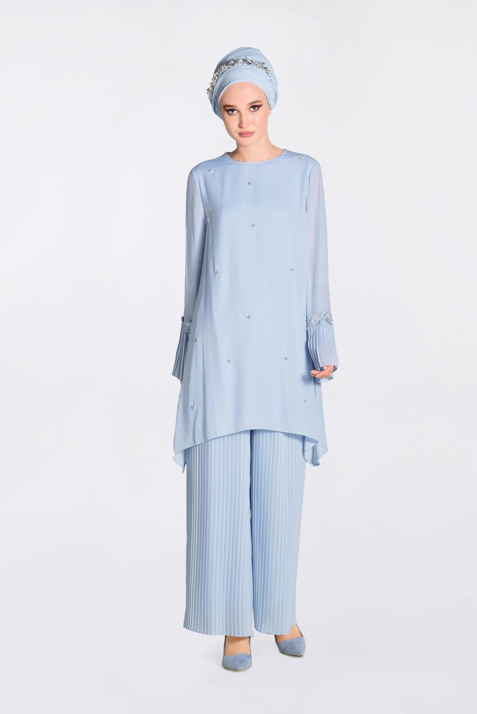 Tesettür giyim MAVİ BONCUK VE PİLİSELİ 2′Lİ PANTOLONLU TAKIM 3437