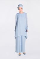 Tesettür giyim MAVİ BONCUK VE PİLİSELİ 2′Lİ PANTOLONLU TAKIM 3437