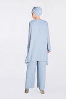Tesettür giyim MAVİ BONCUK VE PİLİSELİ 2′Lİ PANTOLONLU TAKIM 3437