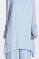 Tesettür giyim MAVİ BONCUK VE PİLİSELİ 2′Lİ PANTOLONLU TAKIM 3437