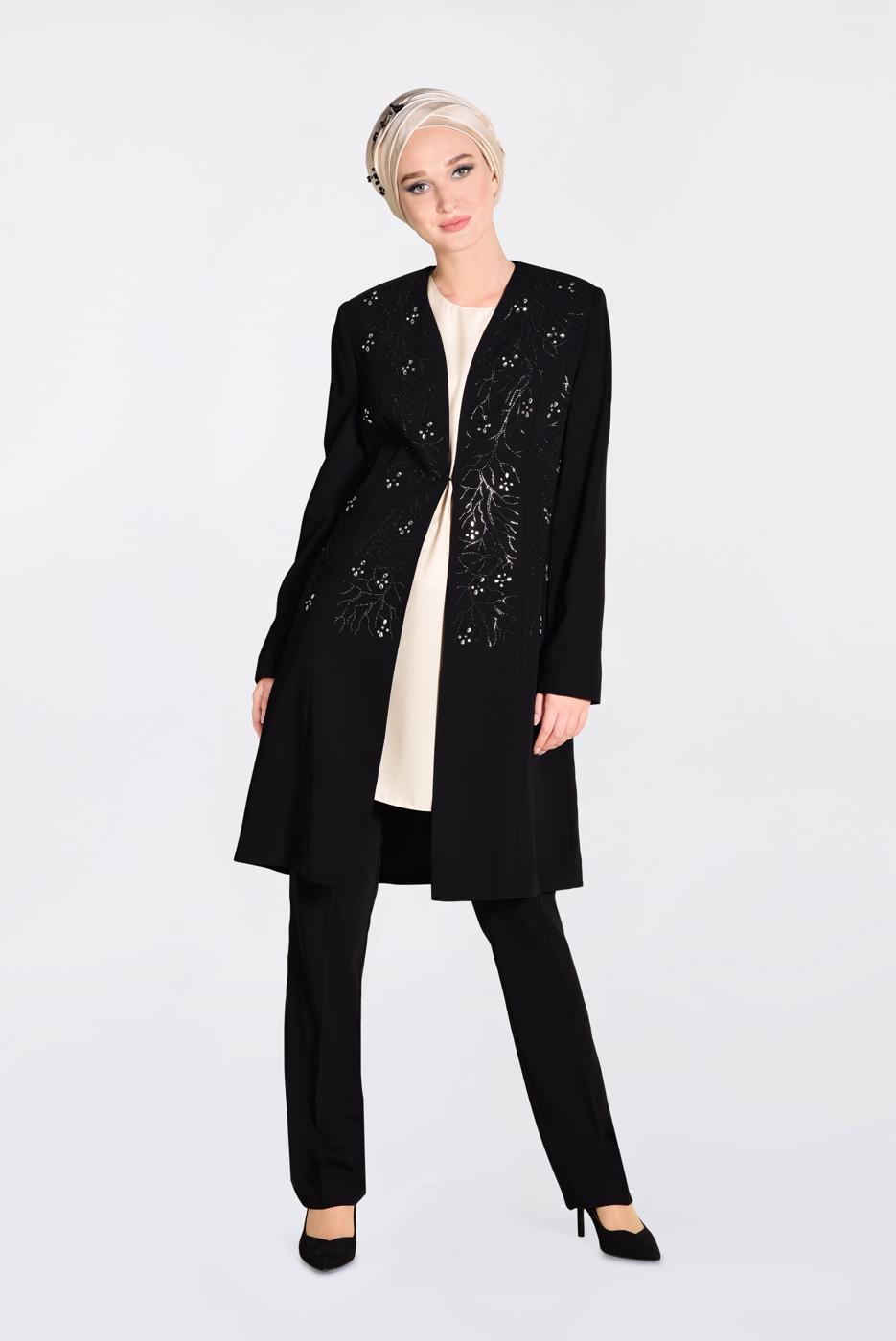 Tesettür giyim SİYAH TAŞLI 3′LÜ PANTOLONLU TAKIM 3440
