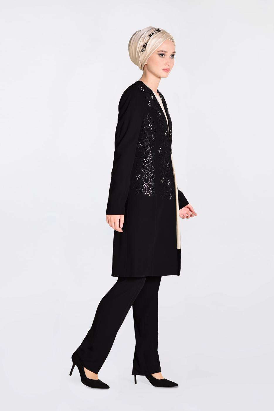 Tesettür giyim SİYAH TAŞLI 3′LÜ PANTOLONLU TAKIM 3440
