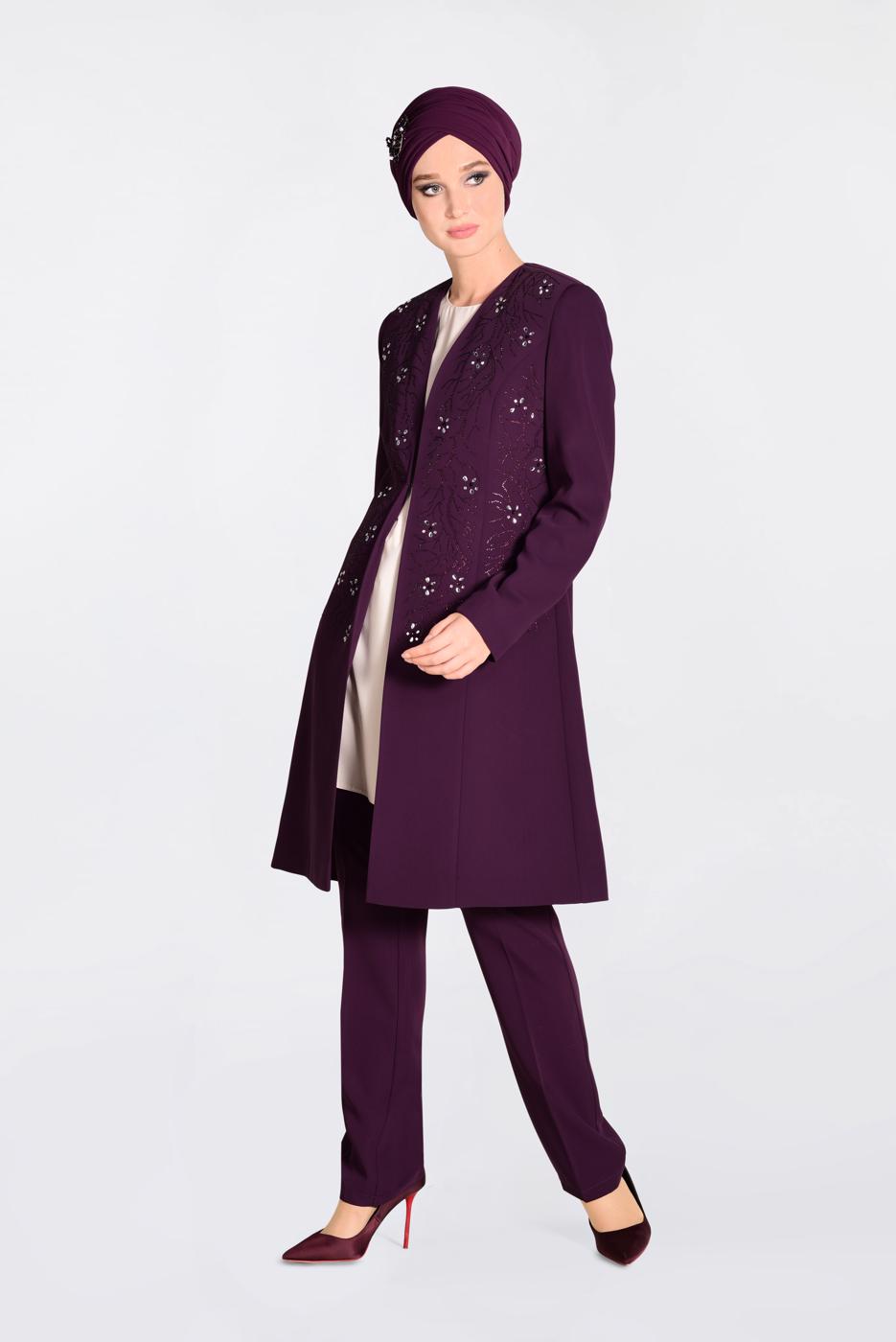 Tesettür giyim MÜRDÜM TAŞLI 3′LÜ PANTOLONLU TAKIM 3440