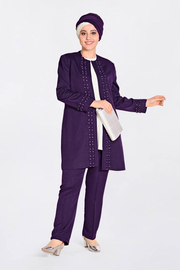 Tesettür giyim MOR GÜPÜR DETAYLI 3′LÜ PANTOLONLU TAKIM 3442P  - TRENDTESETTÜR