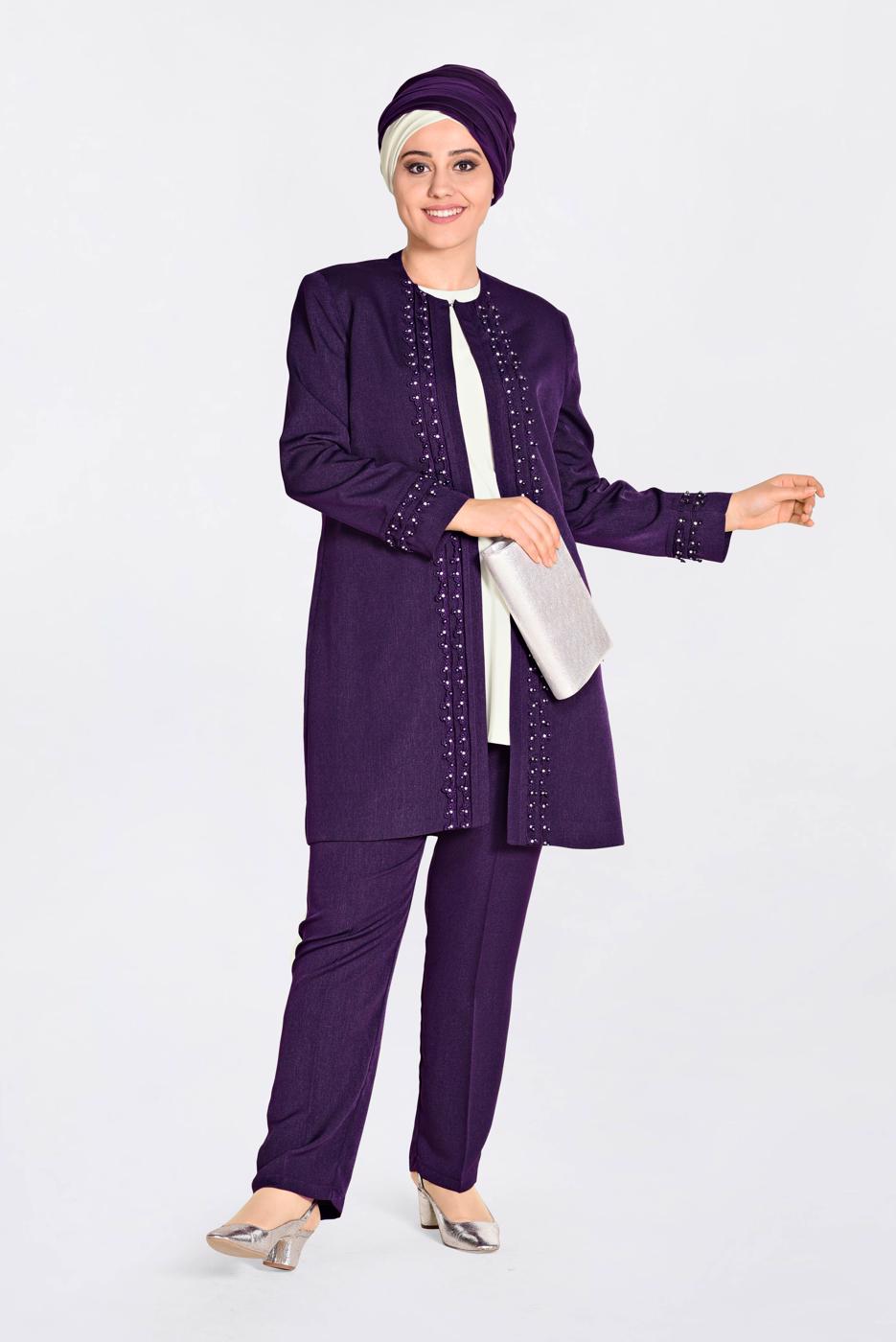 Tesettür giyim MOR GÜPÜR DETAYLI 3&prime;LÜ PANTOLONLU TAKIM 3442P 
