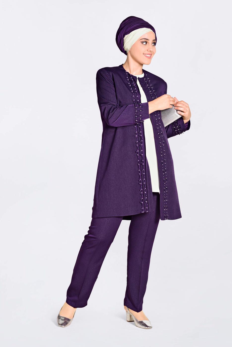 Tesettür giyim MOR GÜPÜR DETAYLI 3′LÜ PANTOLONLU TAKIM 3442P 