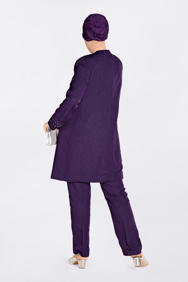 Tesettür giyim MOR GÜPÜR DETAYLI 3′LÜ PANTOLONLU TAKIM 3442P  - TRENDTESETTÜR