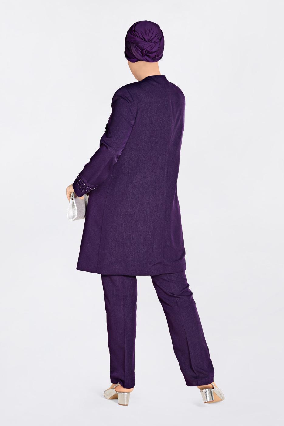 Tesettür giyim MOR GÜPÜR DETAYLI 3&prime;LÜ PANTOLONLU TAKIM 3442P 
