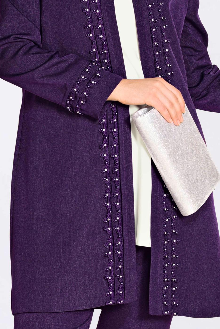 Tesettür giyim MOR GÜPÜR DETAYLI 3&prime;LÜ PANTOLONLU TAKIM 3442P 