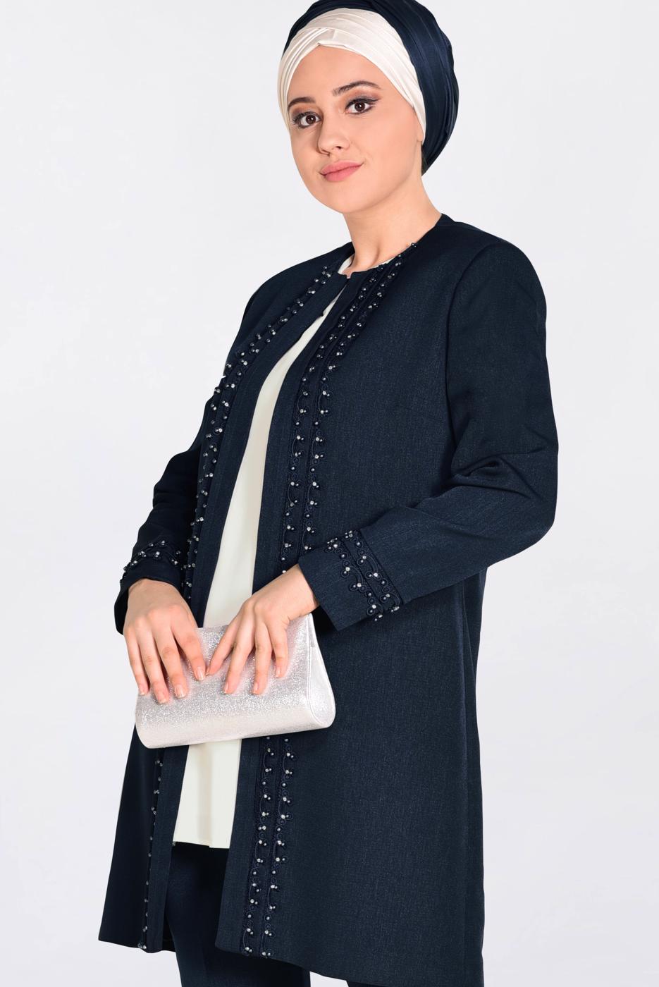 Tesettür giyim LACİVERT GÜPÜR DETAYLI 3′LÜ PANTOLONLU TAKIM 3442P 