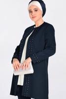 Tesettür giyim LACİVERT GÜPÜR DETAYLI 3′LÜ PANTOLONLU TAKIM 3442P 