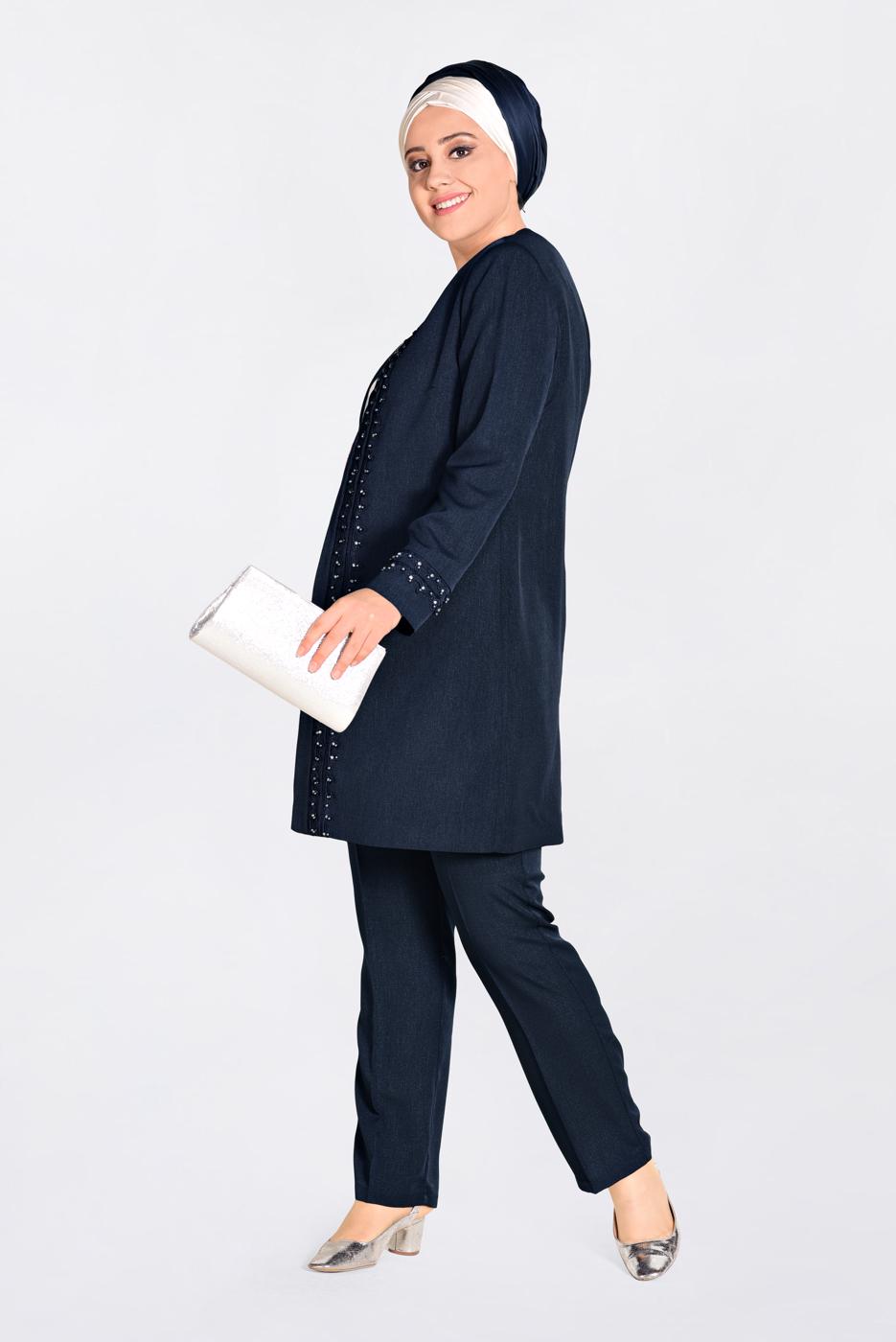 Tesettür giyim LACİVERT GÜPÜR DETAYLI 3&prime;LÜ PANTOLONLU TAKIM 3442P 