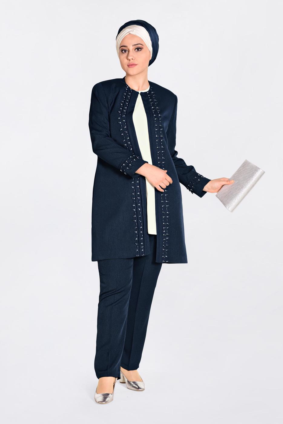 Tesettür giyim LACİVERT GÜPÜR DETAYLI 3′LÜ PANTOLONLU TAKIM 3442P 