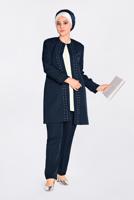 Tesettür giyim LACİVERT GÜPÜR DETAYLI 3′LÜ PANTOLONLU TAKIM 3442P 