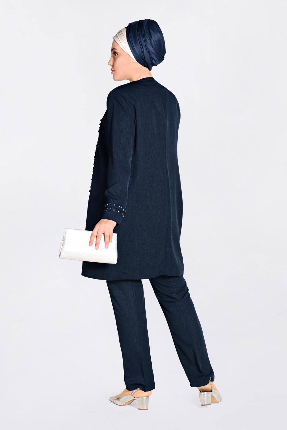 Tesettür giyim LACİVERT GÜPÜR DETAYLI 3′LÜ PANTOLONLU TAKIM 3442P 