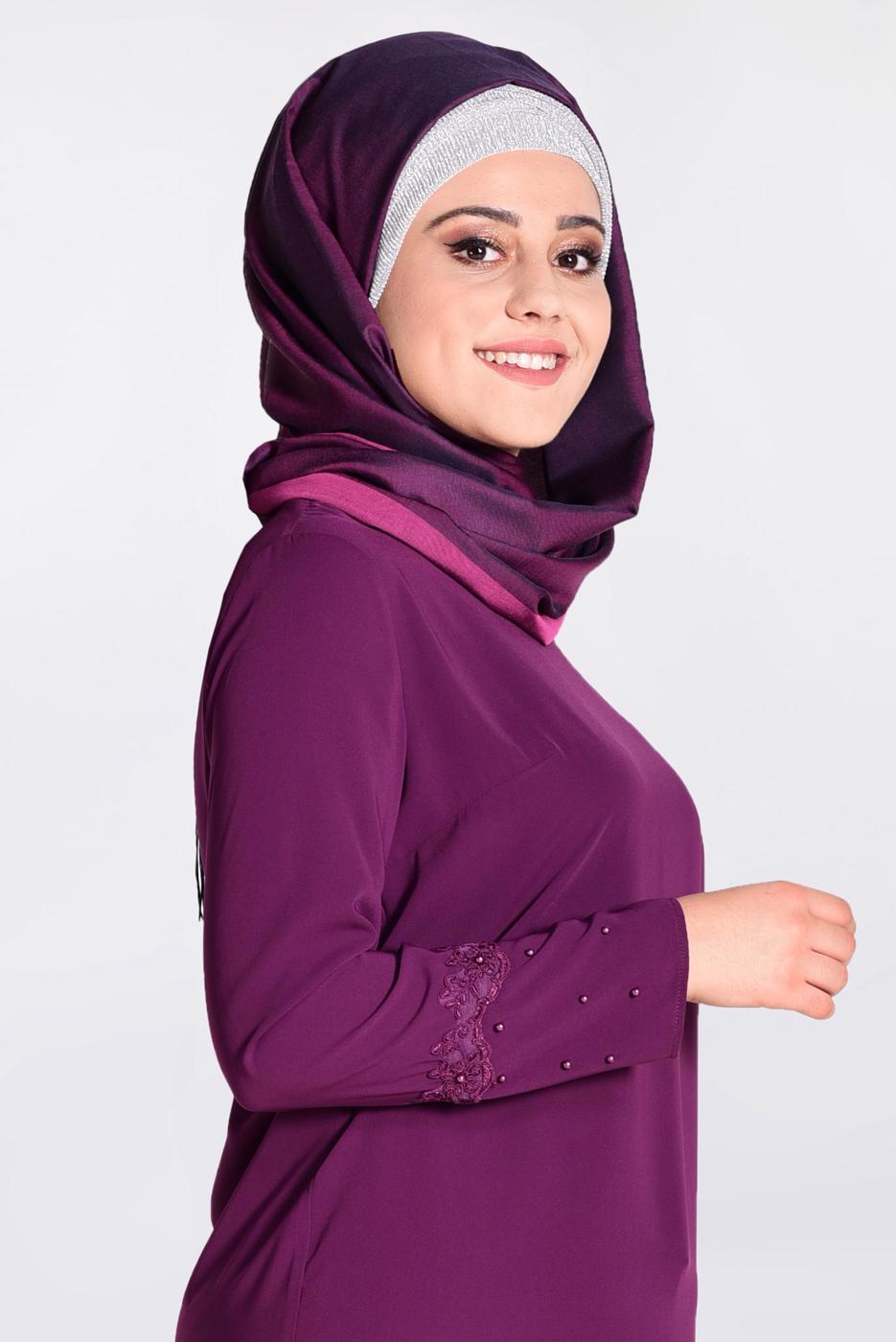 Tesettür giyim MOR GÜPÜR ŞERİT DETAYLI 2′Lİ PANTOLONLU TAKIM 3472P 