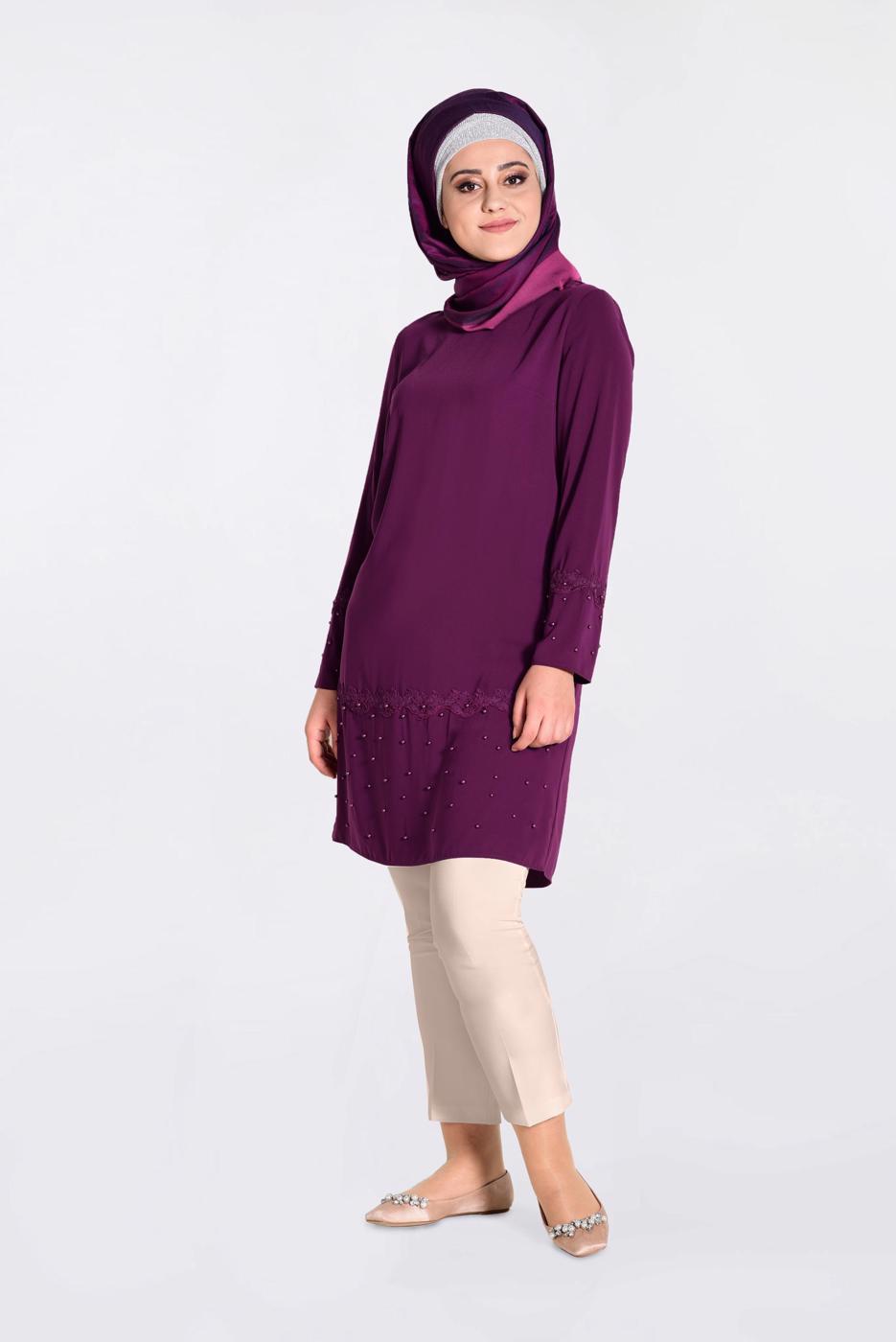 Tesettür giyim MOR GÜPÜR ŞERİT DETAYLI 2′Lİ PANTOLONLU TAKIM 3472P 