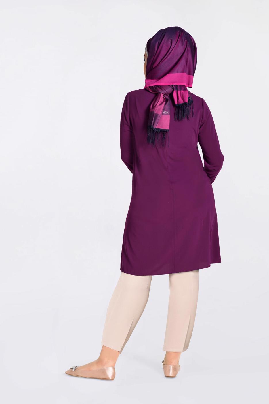 Tesettür giyim MOR GÜPÜR ŞERİT DETAYLI 2′Lİ PANTOLONLU TAKIM 3472P 