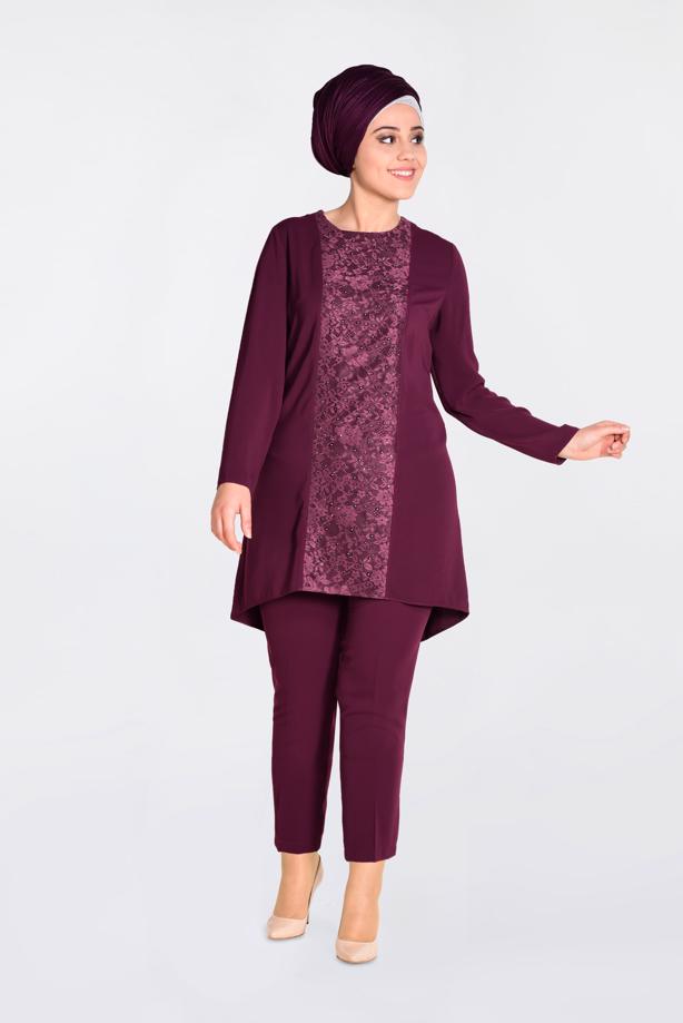 Tesettür giyim MÜRDÜM GÜPÜR DETAYLI 2′Lİ PANTOLONLU TAKIM 3474P  - TRENDTESETTÜR