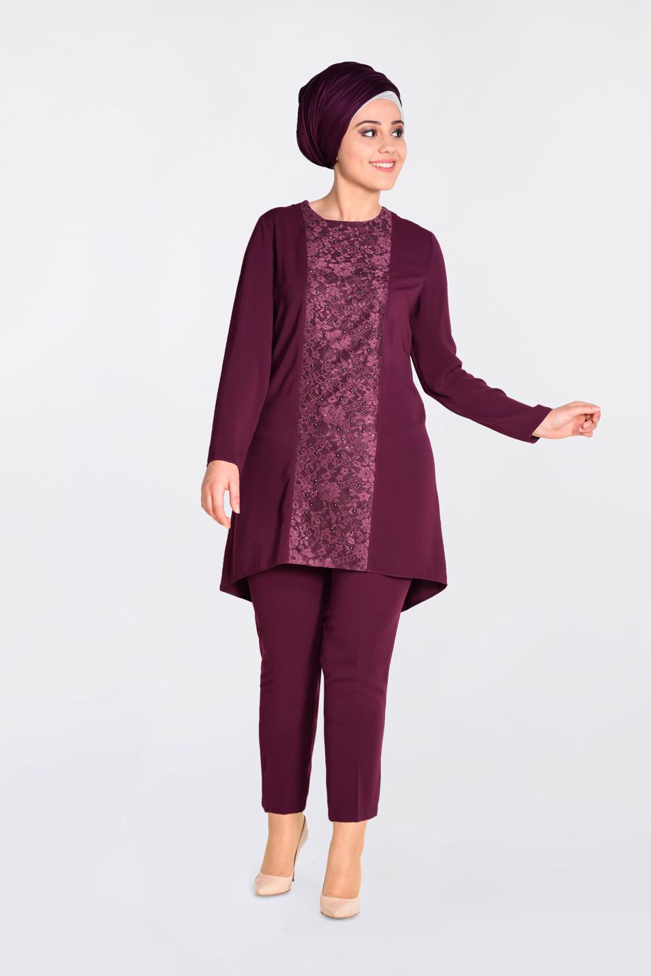 Tesettür giyim MÜRDÜM GÜPÜR DETAYLI 2′Lİ PANTOLONLU TAKIM 3474P