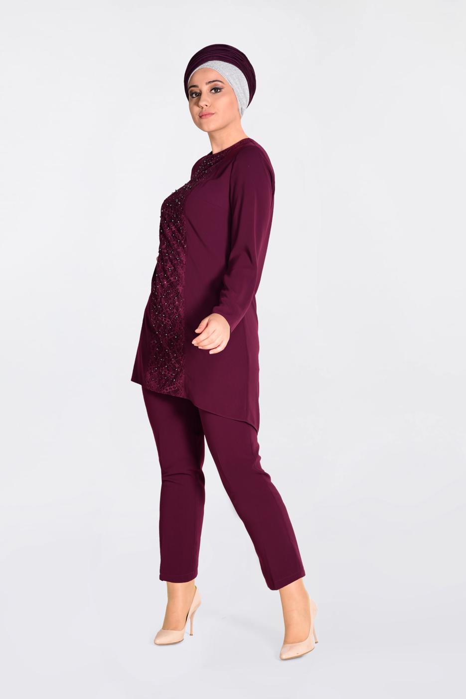 Tesettür giyim MÜRDÜM GÜPÜR DETAYLI 2′Lİ PANTOLONLU TAKIM 3474P