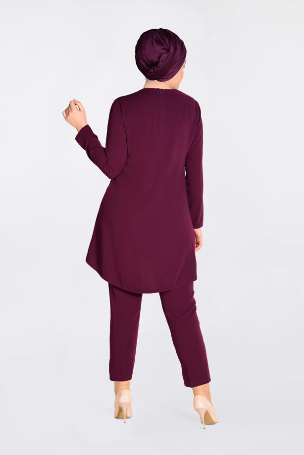 Tesettür giyim MÜRDÜM GÜPÜR DETAYLI 2′Lİ PANTOLONLU TAKIM 3474P  - TRENDTESETTÜR